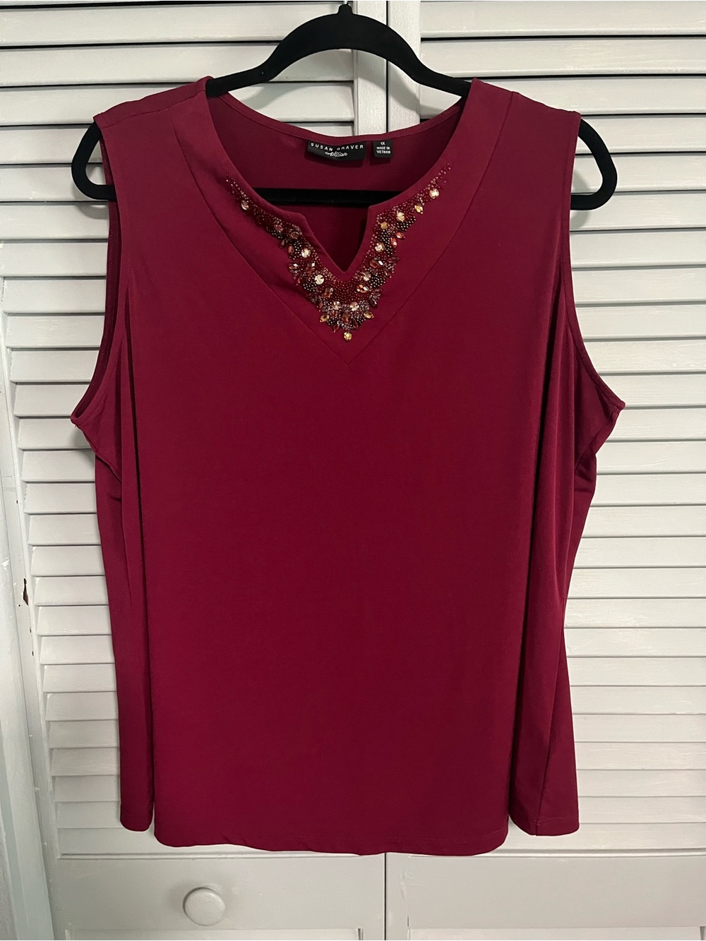 Susan Graver Sleeveless V-Neck Embellished Camisole - Burgundy